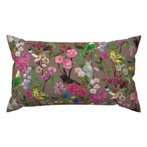 Chinoiserie Lumbar Pillow - Birds And Blooms Chinoiserie Fawn by ceciliamok - Taupe Floral Ornate Birds Rectangle Accent Throw Pillow