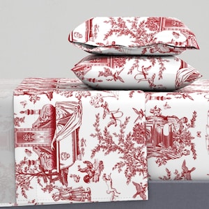 Sábanas victorianas románticas: juego de sábanas de satén de algodón vintage en rojo y blanco de chicca_besso - Toile rojo caprichoso de chicca_besso de Spoonflower