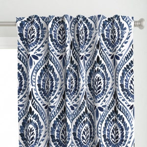 Indigo Blue Curtain Panel - Bohemian Foliage by crystal_walen - Bohemian Garden Watercolor Ogee Custom Curtain Panel by Spoonflower
