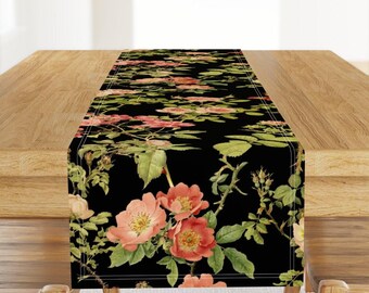 Moody Floral Table Runner - Rose Flower Vintage Victorian Black Cotton Sateen Table Runner - English Rose Black  by peacoquettedesigns