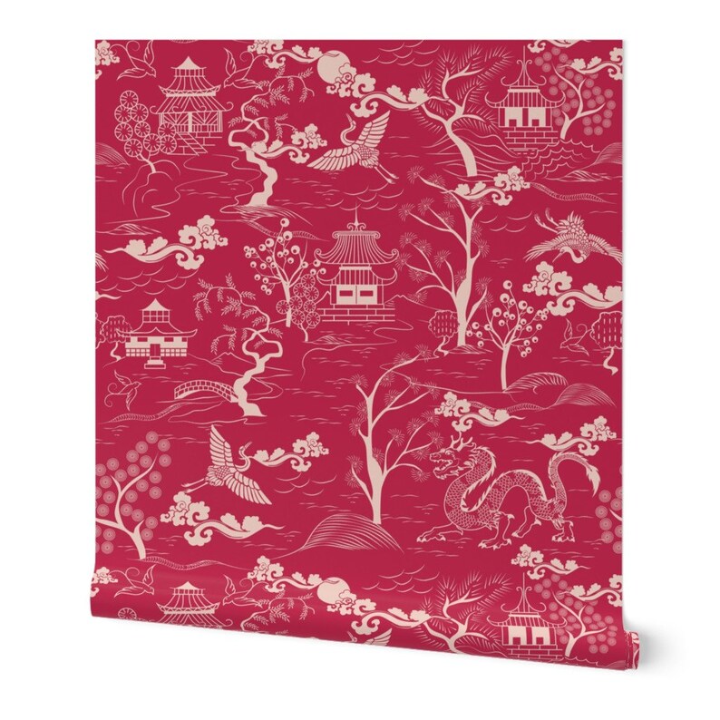 Magenta Chinoiserie Non-pasted Wallpaper - Ukiyo by Pallavi_chaudhary ...
