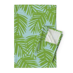 Palm Leaves Tea Towels Set of 2 Palm Green by willowlanetextiles Tropical Foliage Faux Textured Linen Cotton Tea Towels by Spoonflower image 1