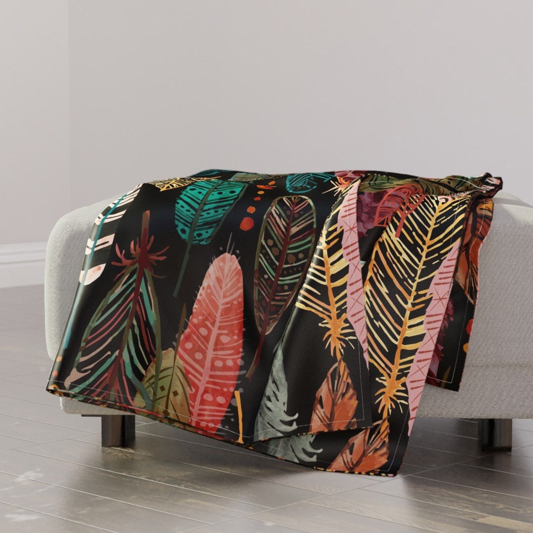 Large Scale Feathers Throw Blanket Feathers on Black Jumbo Etsy