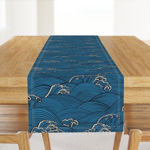 Indigo Waves Table Runner - Waves by ceciliamok - Vintage Blue Asian Japanese Water Waves Indigo Cotton Sateen Table Runner by Spoonflower