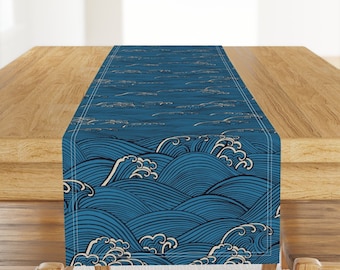 Indigo Waves Table Runner - Vintage Blue Asian Japanese Water Waves Indigo Traditional Sea Cotton Sateen Table Runner - Waves by ceciliamok