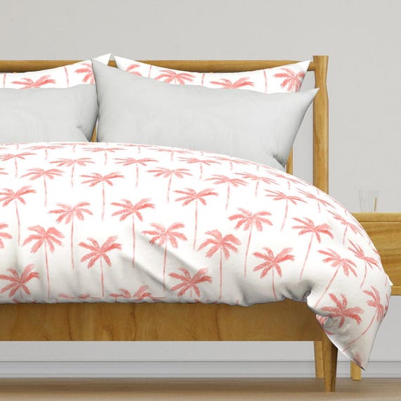 Palm Tree Bedding Watercolor Palm Coral by Littlearrowdesign Jumbo Blush Pink Cotton Sateen Duvet Cover OR Pillow Shams by Spoonflower Etsy
