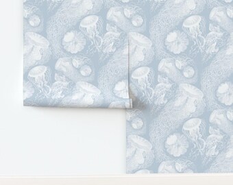 Coastal Jellyfish Non-Pasted Wallpaper Pastel Blue White Sea Ocean Aquatic Beach - Jellyfish by peacoquettedesigns Wallpaper by Spoonflower