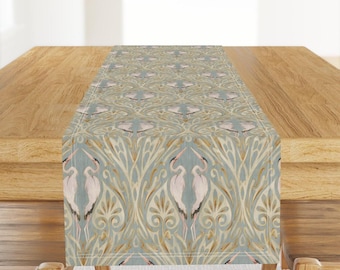 Art Nouveau Table Runner - Herons Egrets Elegant Traditional Whooping Crane Cotton Sateen Table Runner - Art Nouveau Cranes by taranealart