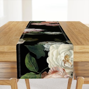 Moody Floral Table Runner - Large Scale Floral Dramatic Roses Cotton Sateen Table Runner - Large Floral by willowlanetextiles