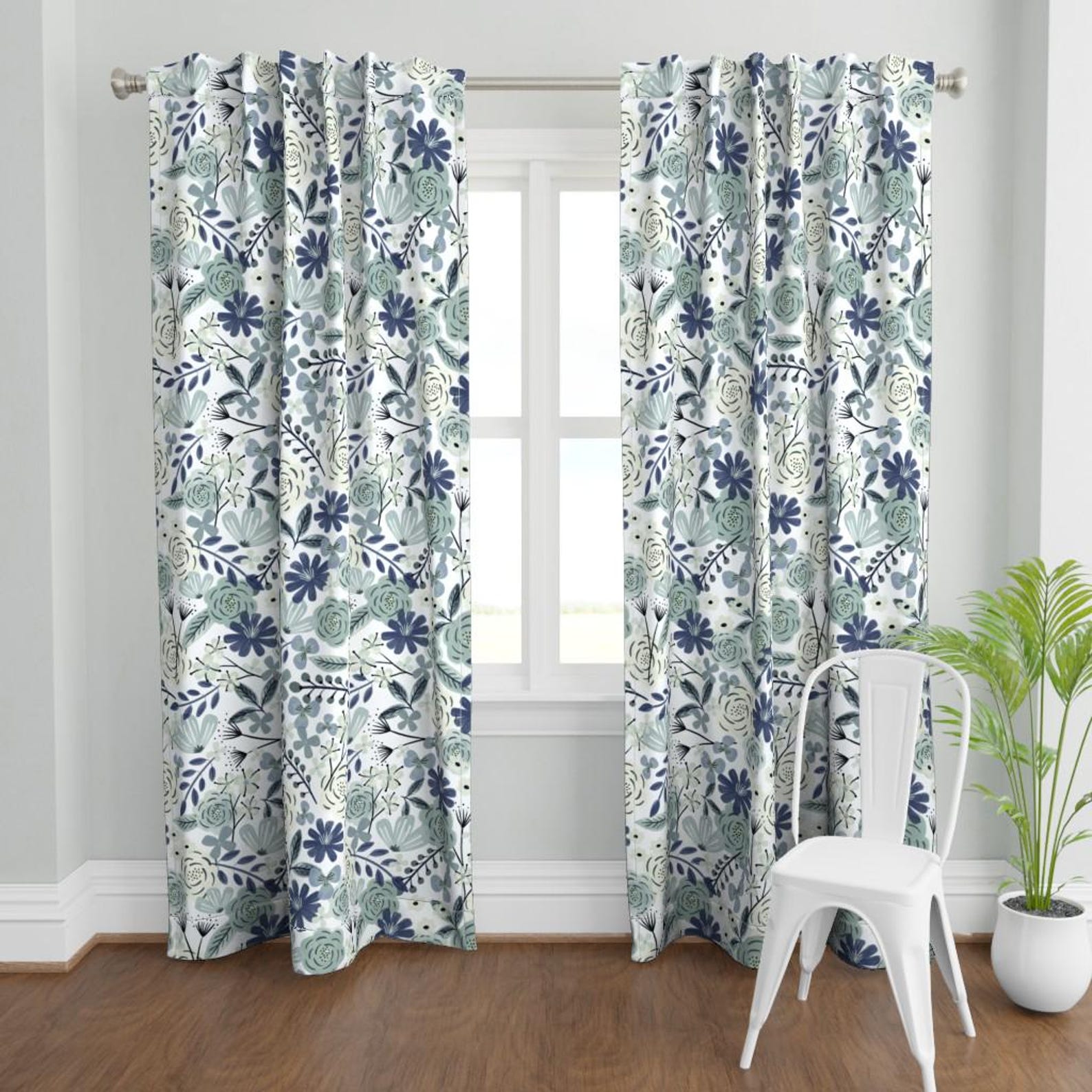 Blue Boho Floral Curtain Panel - Sage Green Floral Wilderness Large
