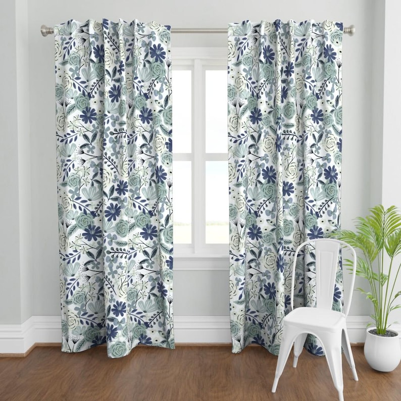 Blue Boho Floral Curtain Panel - Sage Green Floral Wilderness Large Scale Navy Blue Custom Curtain Panel - Flower Child Boho by roochita - image 2