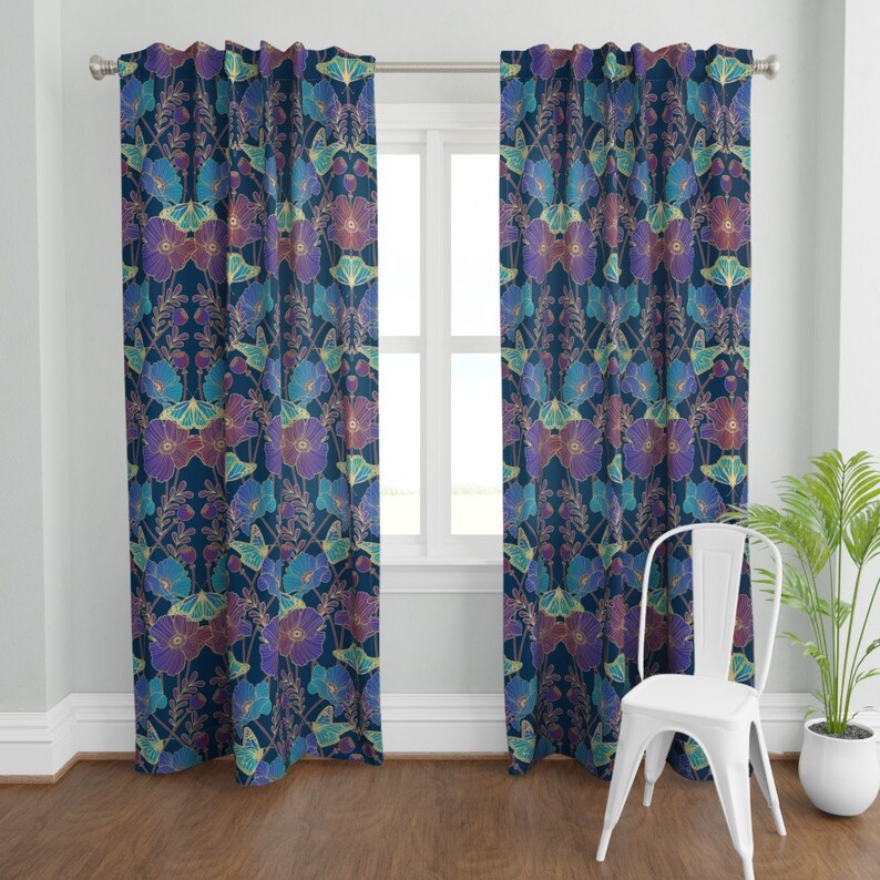 Jewel Tone Poppies Curtain Panel Poppy Nouveau by Cjldesigns Etsy