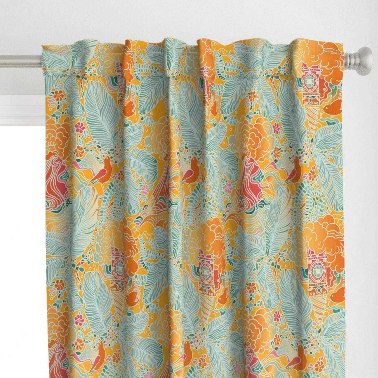 Aqua Gold Coral Curtain Panel Center of the Earth by Etsy