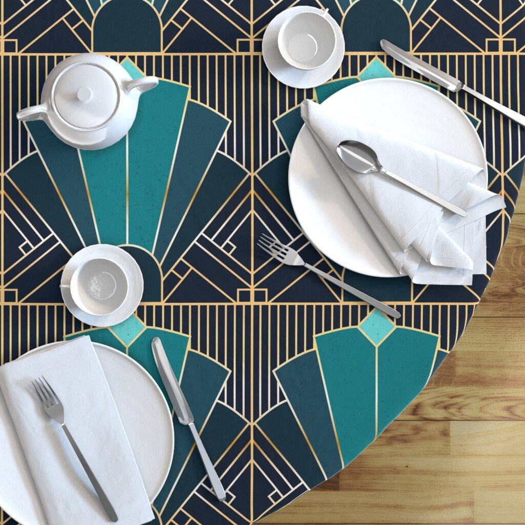 Art Deco Round Tablecloth Art Deco In Teal by elysesanderson Etsy