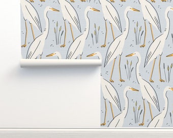 Coastal Heron Non-Pasted Wallpaper Marsh Lake Birds Soft Blue  - Harry The Heron by amy_maccready Wallpaper Double Roll by Spoonflower