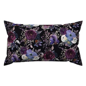 Dark Purple Floral Lumbar Pillow - Twilight Moody Floral by theartwerks - Night Garden Gothic Romantic Black Rectangle Accent Throw Pillow