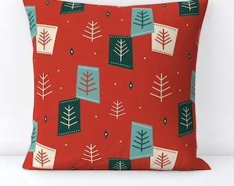 Red Throw Pillow - Christmas  Retro Green Tree Starburst Vintage Holiday Decorative Square Throw Pillow - Mid Century Trees by kylielouise