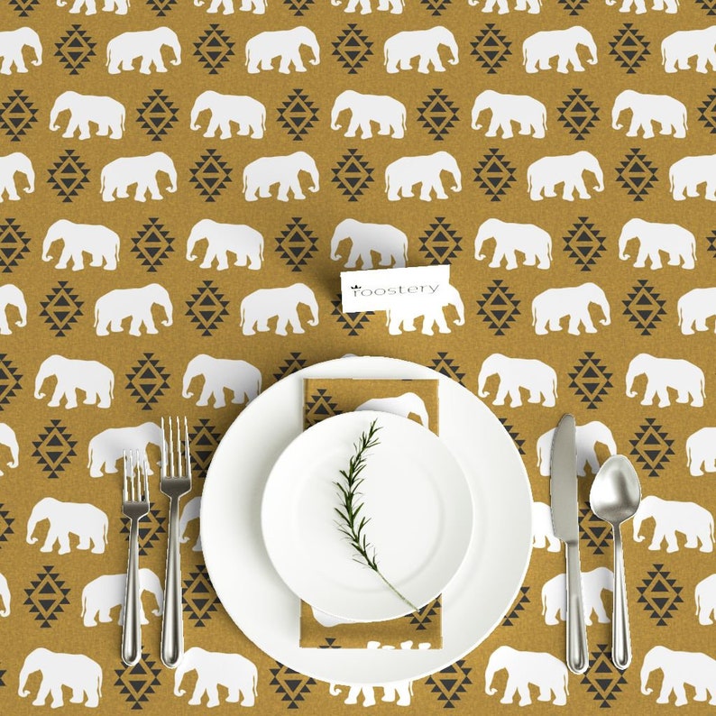 Bohemain Tablecloth Tribal Aztec Elephants Gypsy Indie Cotton Sateen Tablecloth by Spoonflower Elephant Golden Linen by charlottewinter