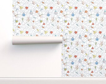 Cute Bugs Commercial Grade Wallpaper - Garden Insects Line Art  by kylielouise - Butterfly Leaf Kids Wallpaper Double Roll by Spoonflower