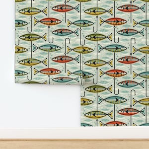 Retro Nautical Fish Non-Pasted Wallpaper Mod Fish Hooks Fishing Lures - Retro Colorblock by studioxtine Wallpaper by Spoonflower