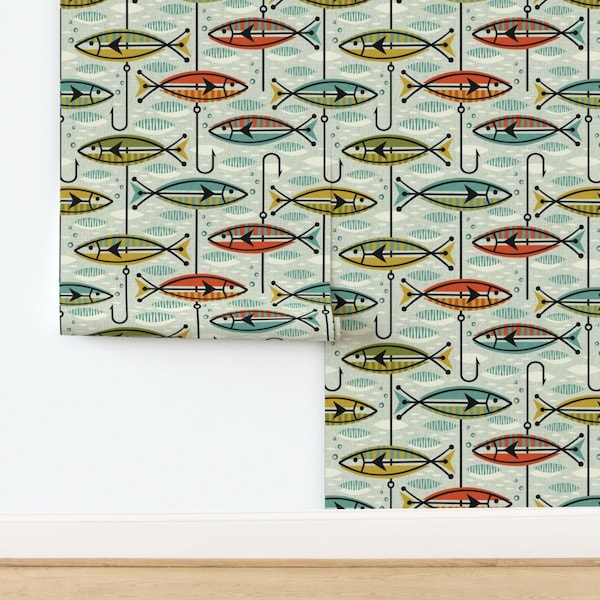Carta da parati retrò nautica con pesci, ami da pesca e esche - Colorblock retrò di studioxtine, carta da parati di Spoonflower