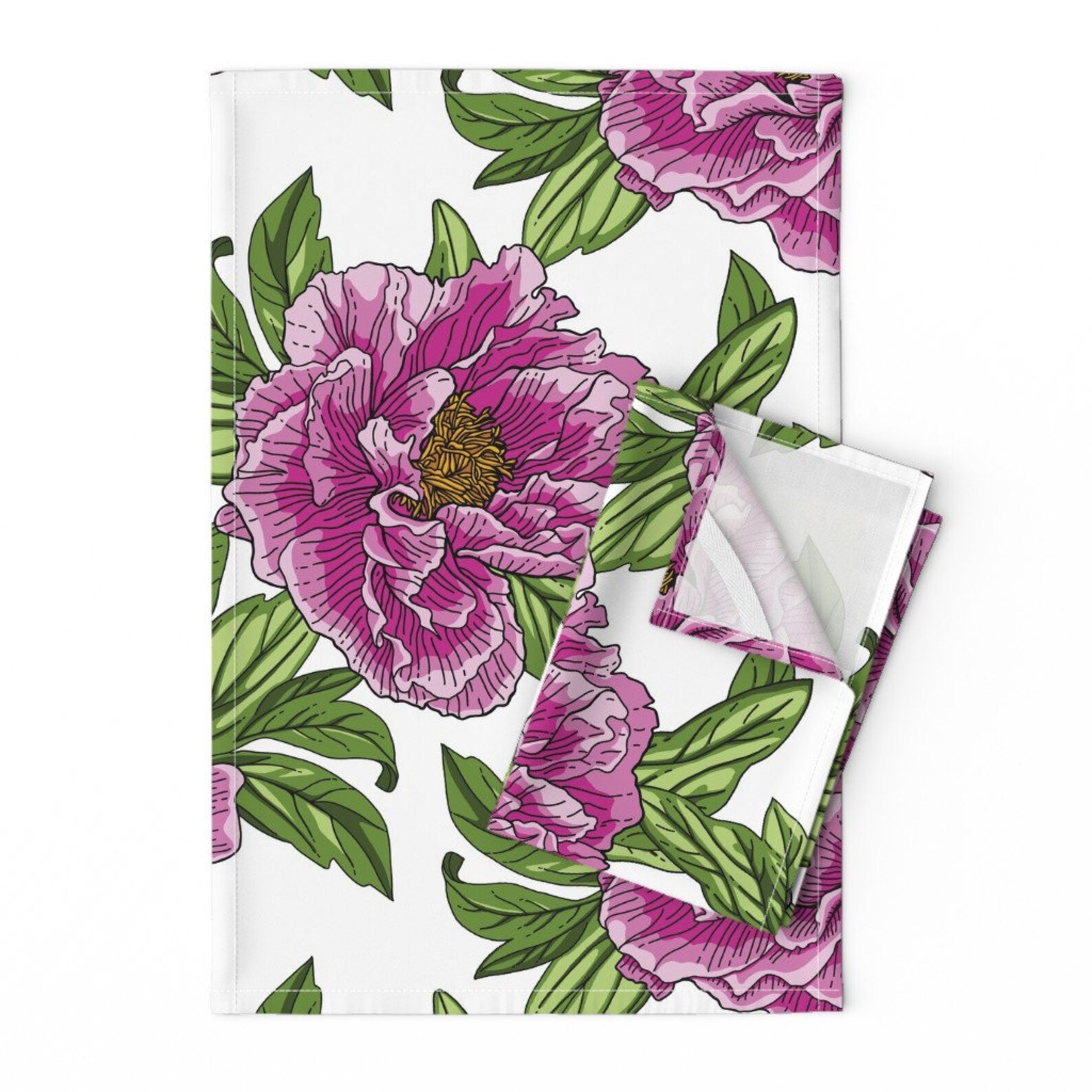 Floral Tea Towels Set of 2 Pink Purple Peony Flowers Green | Etsy