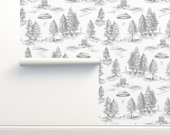 Niet-gelijmd ufo-behang - Alien Abduction Toile De Jouy van somecallmebeth - Space Aliens Traditional Wallpaper Double Roll van Spoonflower