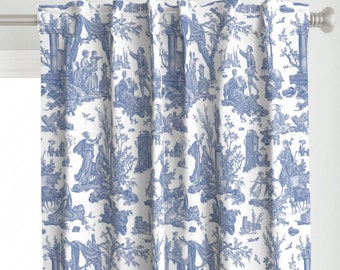 Country Toile Curtain Panel - Blue White Toile De Jouy Victorian Vintage Custom Curtain Panel - French Toile In Blue by pickychicken -