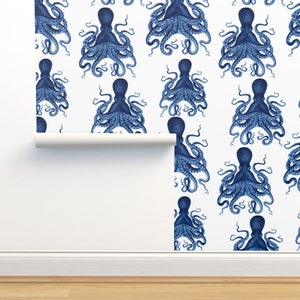 Vintage Octopus Commercial Grade Wallpaper - Navy Octopus by karolina_papiez - Steampunk Kraken Coastal Wallpaper Double Roll by Spoonflower