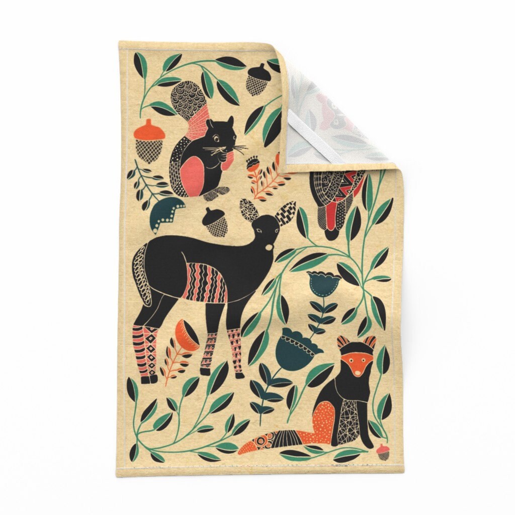 Folk Art Tea Towel Woodland Animals by Jeneta Woodland - Etsy