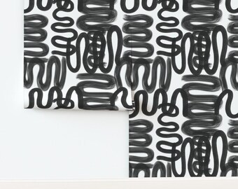 Papel pintado sin adhesivo con diseño de grafiti y garabatos, en blanco y negro monocromático - Graffiti Squiggle de danika_herrick. Papel pintado de Spoonflower.