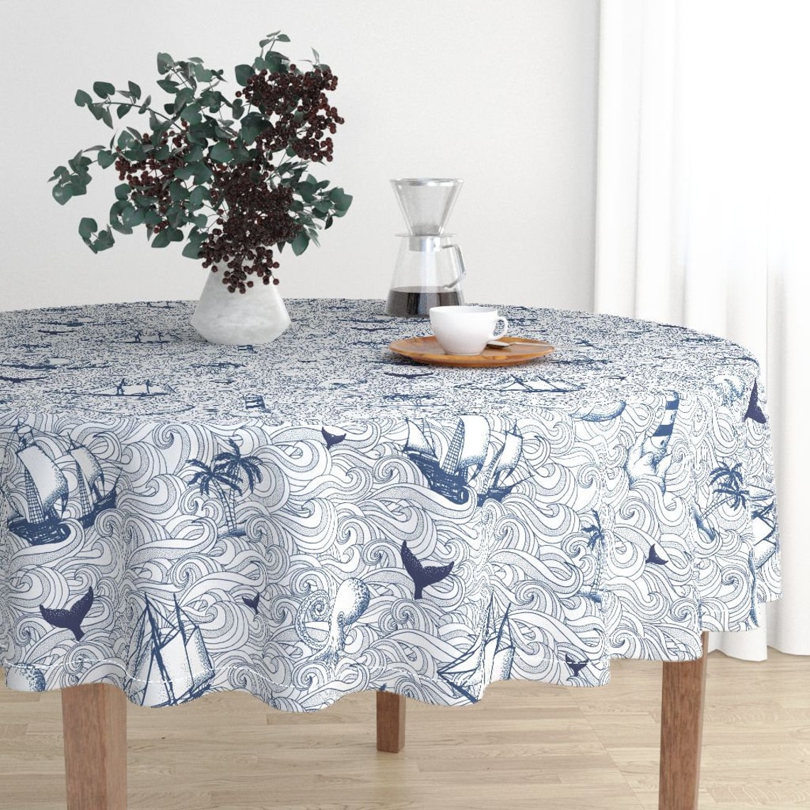 Blue White Nautical Round Tablecloth Vintage Nautical by Etsy