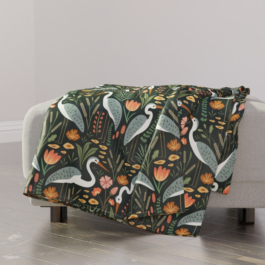 Herons and Cattail Throw Blanket Heron and Swamp Plants by Priraj