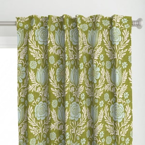 Groen botanisch gordijnpaneel - hemelsblauwe bloemen rustieke handgetekende boho boerderij aangepast gordijnpaneel - bloemenblokprint door rozanka -