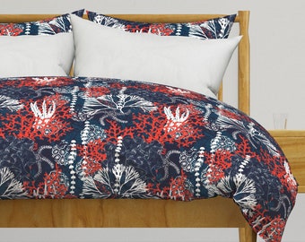 Nautical Bedding - Corals And Starfish by chicca_besso - Sea Life Blue Red Coral Cotton Sateen Duvet Cover OR Pillow Shams by Spoonflower