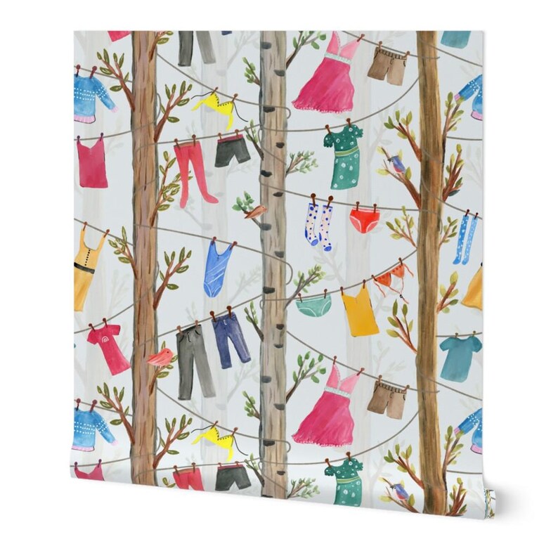 Whimsical Non-pasted Wallpaper Laundry Clothes Trees Home ...