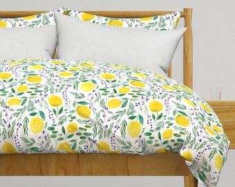 Lavender Lemon Bedding - Citrus Limon by lucindawei - Watercolor Floral Cotton Sateen Duvet Cover OR Pillow Shams by Spoonflower