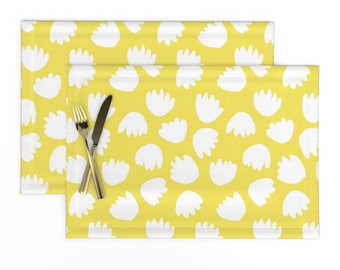 Mod Flowers Placemats (Set of 2) - White Flora On Yellow by nadinewestcott - Whimsical Floral 8" Repeat Cloth Placemats by Spoonflower