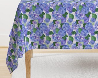 Floral Tablecloth - Blue Hydrangeas And Stripes by noondaydesign - Watercolor Hydrangeas Summer Cotton Sateen Tablecloth by Spoonflower