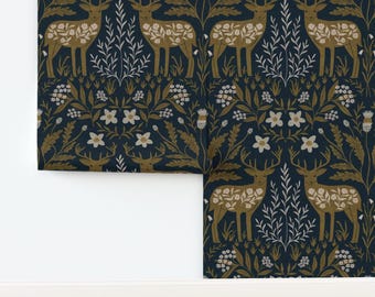 Autumn Non-Pasted Wallpaper Deer Scandi Woodland Lodge Hunter Buck - Folk Art Lodge by scarlet_soleil Wallpaper Double Roll by Spoonflower