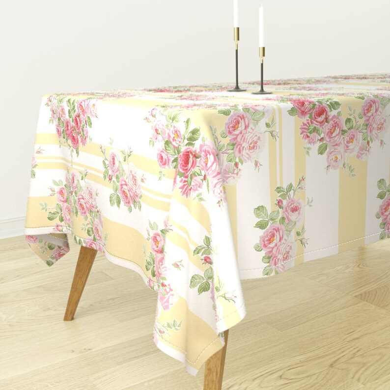 May Day Summer Roses by lilyoake Yellow Stripes Tablecloth Feminine Floral Cotton Sateen Tablecloth by Spoonflower