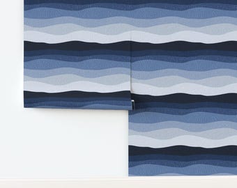 Wavy Water Non-Pasted Wallpaper Blue Navy Striped Waves Lines Ocean Nautical - Stitched Waves  by writtenbykristen Wallpaper by Spoonflower