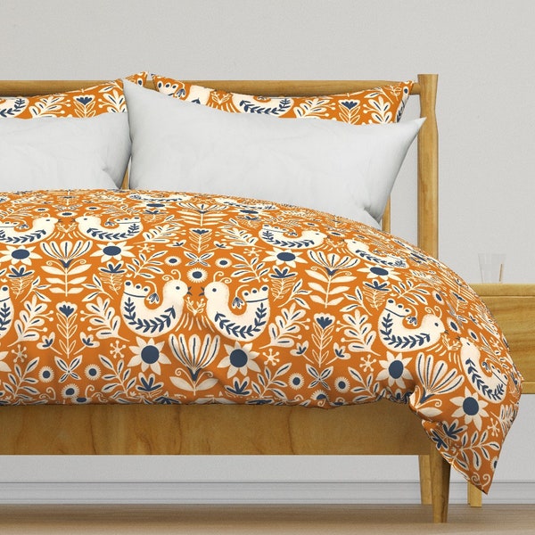 Birds Bedding - Scandinavian Folk Birds Floral by trendy_creation_prints - Folk Art Cotton Sateen Duvet Cover OR Pillow Shams by Spoonflower