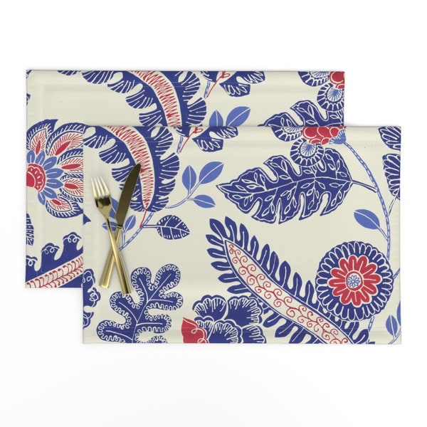 Tree Of Life Placemats (Set of 2) - Indian Chintz (blue And Red) by kate_rowley - Blue And Red Exotic Flowers Cloth Placemats by Spoonflower