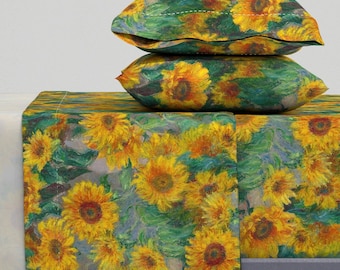 Sunflower Sheets - Monet's Sunflowers Jumbo by weavingmajor - Painting Master Famous Artwork Cotton Sateen Sheet Set Bedding by Spoonflower