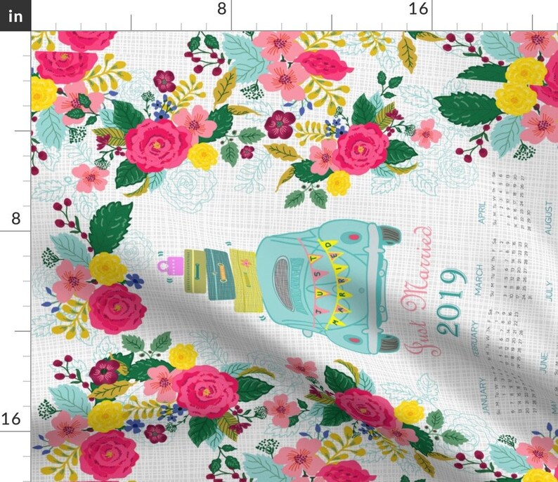 Romance  Wedding Calendar Linen Cotton Canvas Tea Towel by Spoonflower Vintage Tea Towel 2019 Just Married Vw Calendar by honoluludesign