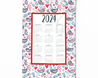 Folk Art Chickens Tea Towel - Red And Blue Hens by kristeninstitches - 2024 Calendar Farmhouse Linen Cotton Canvas Tea Towel by Spoonflower