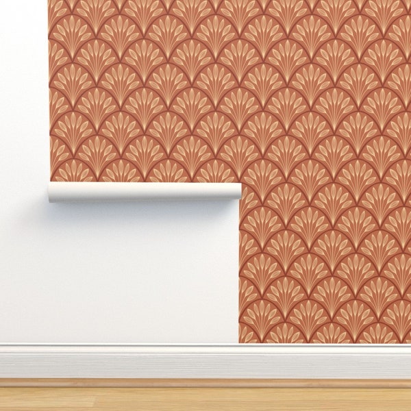 Terracotta Commercial Grade Wallpaper - Art Deco Leaf Fan  by new_branch_studio - Retro Orange Vintage Wallpaper Double Roll by Spoonflower