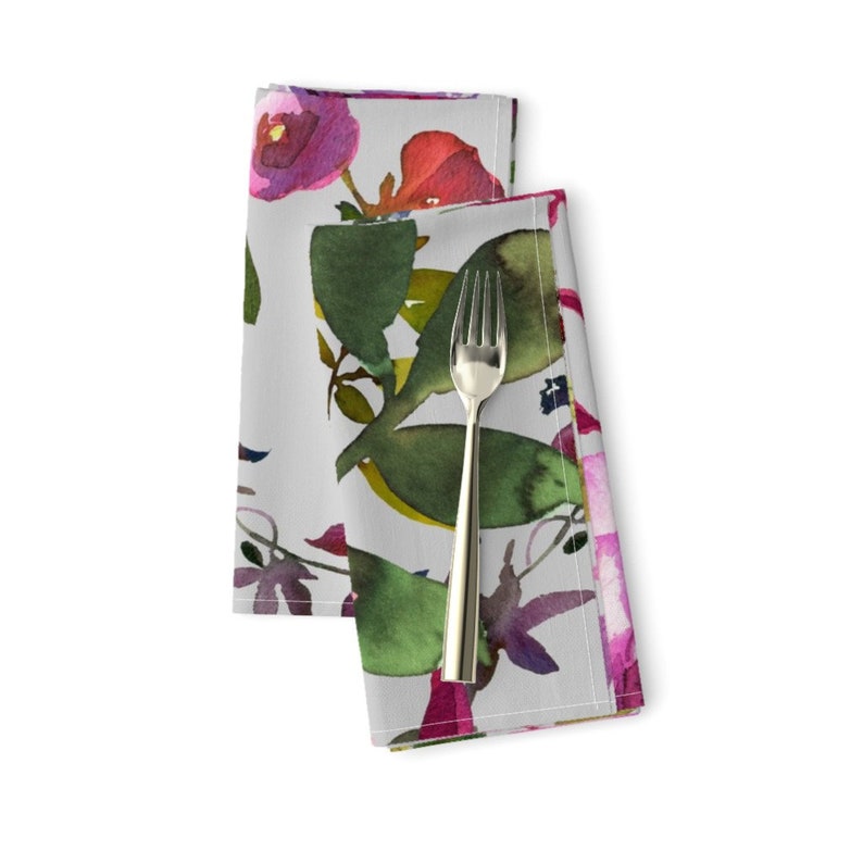 Watercolor Boho Girl Cloth Napkins by Spoonflower Floral Dinner Napkins - 21 Dark Pink Purple Florals Light Grey by shopcabin Set of 2
