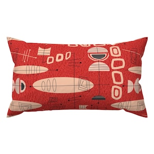 Mid-century Mod Lumbar Pillow - Mid-century Atomic Red by hot4tees_bg - Atomic Era Retro Geometric Rectangle Accent Throw Pillow